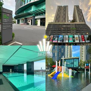 a collage of photos with a pool and a building at The Shore Hotel & Residences By Lá VISTA in Melaka