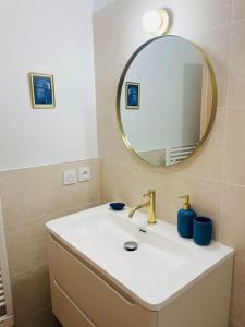 La salle de bains est pourvue d'un lavabo et d'un miroir. dans l'établissement villa bleu marine chic calme et jardin, à Andrézieux-Bouthéon