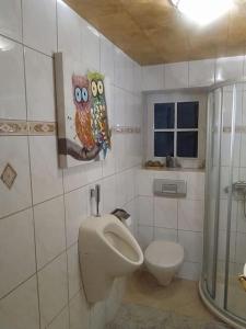 a bathroom with a urinal and a toilet in it at Ferienwohnung Altneukoog in Tetenbüll
