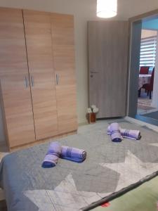una camera con un letto con cuscini viola sul pavimento di Apartman Cirkic a Sanski most