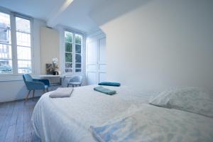 トロワにあるL'Oiseau De La Cathédrale - Calme - Jardin - Wifiのベッドルーム1室(ベッド1台、テーブル、椅子付)