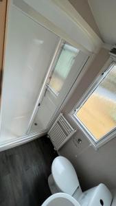 a bathroom with a toilet and a window at Beamish Holiday Park in Stanley