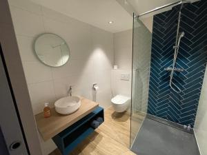 uma casa de banho com um WC e uma cabina de duche em vidro. em Gite Spa L'Atelier Emile - Spa Privatif - 5 min COLMAR em Sainte-Croix-en-Plaine