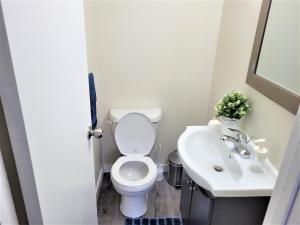 a bathroom with a toilet and a sink at Cozy 4 bedroom townhouse - peaceful feel of home in Winnipeg