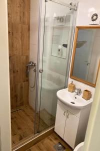 un baño con ducha y lavabo en Cozy & fully equipped studio in the heart of downtown and next to Kalemegdan, en Belgrado