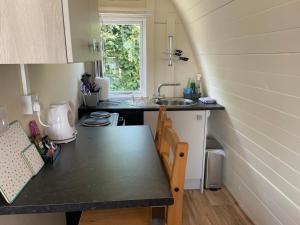 a small kitchen with a table and a sink at Glamping Pod with ensuite WC Near Kingsbridge & Salcombe in Kingsbridge