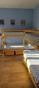 three bunk beds in a room with a blue wall at HOSTEL LA CABAÑUELA in Monleras
