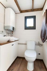 a white bathroom with a toilet and a sink at Tiny House w Camp Gorący Potok in Szaflary