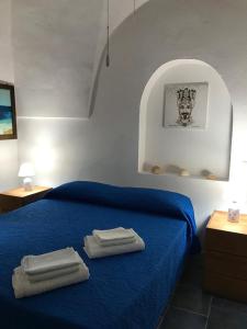 a bedroom with a blue bed with two towels on it at Appartamenti L'Approdo del Gabbiano in Lampedusa