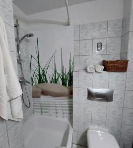 a bathroom with a bath tub and a toilet at "SüdWest" Ferienwohnung in Prerow