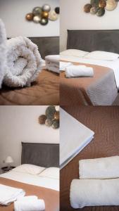 a collage of four pictures of a bed with towels at Studio Theotoki 2 in Corfu Town
