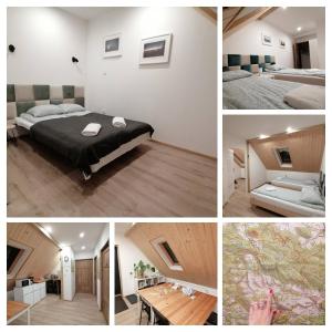 a collage of pictures of a room with a bed at Stara Kuźnia in Duszniki Zdrój