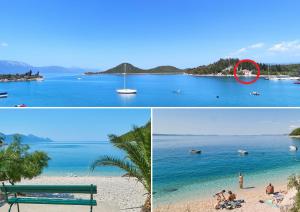 duas fotos de uma praia com um barco na água em Adriatic Sunrise - Beach House em Blace