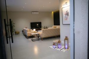 sala de estar con 2 sofás y TV en بيرفيلا, en Al Rass