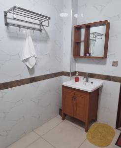 ein weißes Badezimmer mit einem Waschbecken und einem Spiegel in der Unterkunft Nena Accomodations in Nadi
