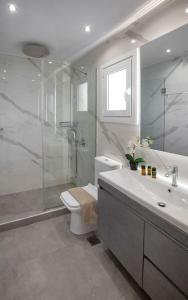 a bathroom with a shower and a toilet and a sink at Sea view penthouse in Vari in Vari