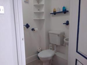 Baño blanco con aseo y lavamanos en Merriedale Guest House en Paignton