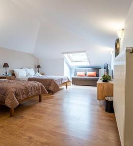ein Schlafzimmer mit zwei Betten und einer Couch in der Unterkunft Olympus View Rooms Sauna & Spa in Litochoro
