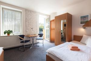 ein Hotelzimmer mit einem Bett, einem Tisch und Stühlen in der Unterkunft Penzion Sirius in Vyškov