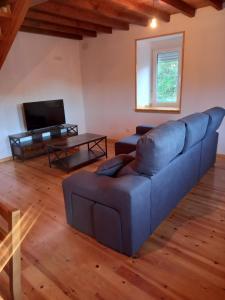 ein Wohnzimmer mit einem blauen Sofa und einem TV in der Unterkunft Casa Mariñao 1 in Loiba