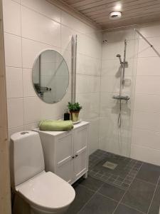 een badkamer met een toilet en een douche met een spiegel bij Stuga i Valfjället in Åmotsfors