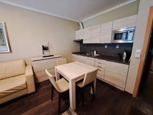 a small kitchen with a table and chairs in a room at Wellness Apartment Josefina - Free Grotta Spa wellness in Harrachov