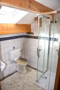 a bathroom with a toilet and a glass shower at The Coach House 