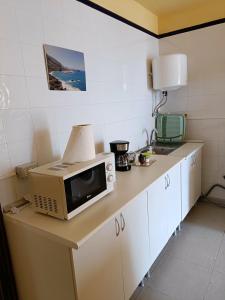 un microondas en la parte superior de un mostrador en la cocina en vista al mar. en Caleta de Interián