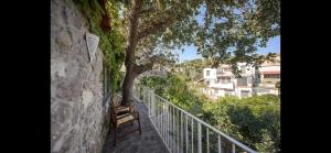 a wooden bench sitting on a balcony with a tree at Villa Izzo in Ischia