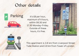 a flyer with a car and a train at 1 Bed Apartment Near Vibrant Bethnal Green in London