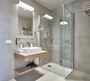 W łazience znajduje się umywalka i prysznic. w obiekcie Aparthotel Bad Radkersburg w mieście Bad Radkersburg