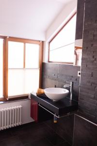 a bathroom with a sink and two windows at Baumeister`s Ferienwohnung 