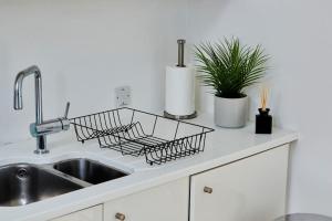 a kitchen sink with a dish drying rack next to it at Swanky city centre apartment in Lincolnshire