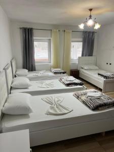 grupa czterech łóżek w pokoju w obiekcie Bujtina Brahim Selimaj w mieście Valbonë