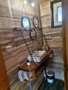 a bathroom with a sink and a mirror at Cazare la Vama Buzăului - Căsuța Festung in Crivina