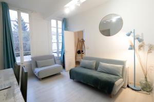 a living room with a couch and a chair and a mirror at Le Chat De La Cathédrale - Calme - Jardin - Wifi in Troyes