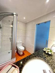 a bathroom with a shower and a sink and a toilet at Cocas House - Alcobaça in Alcobaça