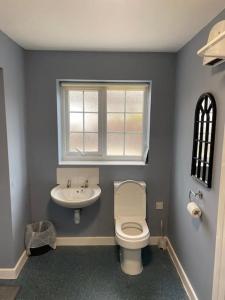 uma casa de banho com um WC, um lavatório e uma janela em 2 bed house sleeps 4-5 em Liverpool