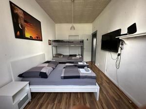 Eva's Hostel - Self Check-In & Room Just For You Alone في دوسلدورف: غرفة نوم بسرير وتلفزيون بشاشة مسطحة