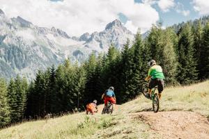 un gruppo di persone che vanno in bicicletta su un sentiero di montagna di Walliserhof a Brand