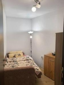 a bedroom with a bed and a lamp in it at Apartman u blizini centra grada in Belgrade