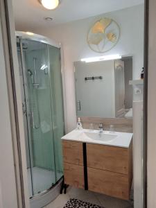 a bathroom with a sink and a shower at La salicorne in Pendé +28 photos