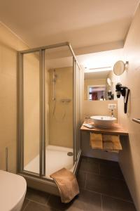 ein Bad mit einer Dusche und einem Waschbecken in der Unterkunft Hotel Restaurant Hirschen in Interlaken