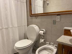 a bathroom with a white toilet and a sink at Hotel Vicente López in Vicente López