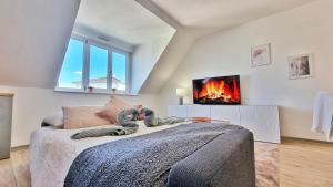 科爾馬的住宿－Colmar Mon Amour-CHIC-GARAGE-FIBRE-RBNB，一间卧室设有一张大床和壁炉