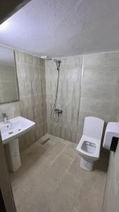 ein Bad mit einem WC, einem Waschbecken und einer Dusche in der Unterkunft Hotel Sevilla in Chefchaouen