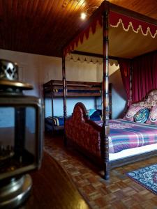 - une chambre avec 2 lits à baldaquin et une télévision dans l'établissement Le Gîte Ensorcelé, à Saint-Jean-Soleymieux