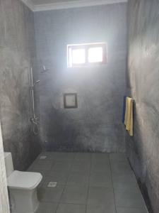 een badkamer met een toilet en een raam bij Villa Pumziko in Kizimkazi