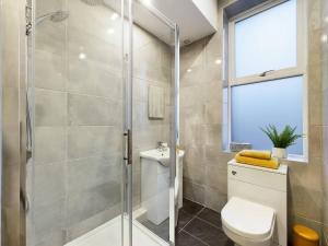 a bathroom with a shower and a toilet and a sink at Gibson Manor Apartment 10 in Wallasey