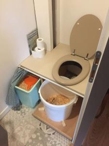 małą łazienkę z toaletą w pokoju w obiekcie Le Gîte de l'Aérogrange w mieście Biscarrosse
